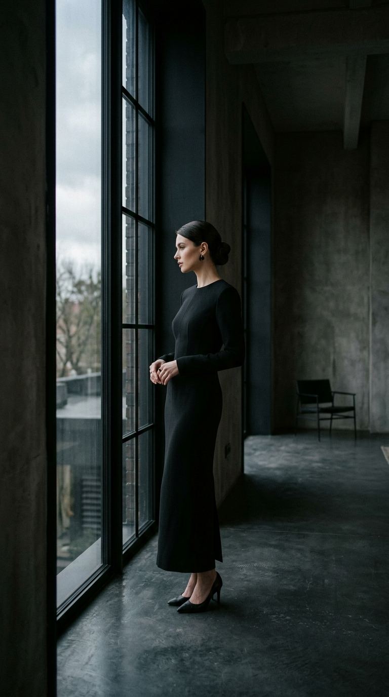 Model in NOIR tailored dress by a window
