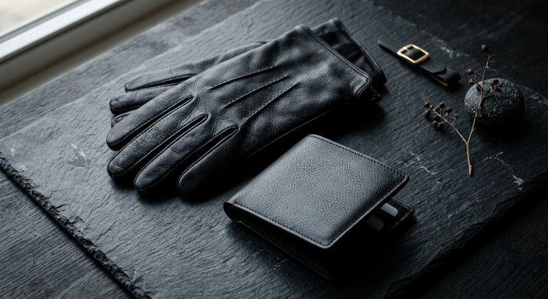 NOIR leather gloves and wallet
